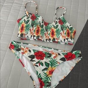 Cabana del Sol Teal Bikini w Tropical with red and yellow flower size L
